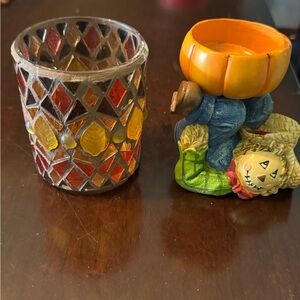 Set of Yankee Candle scarecrow tea light holder and fall votive candle holder